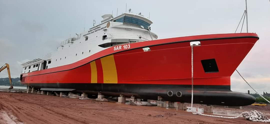 SAR 103, KN WISNU on the hard showing bulbous bow and thrusters