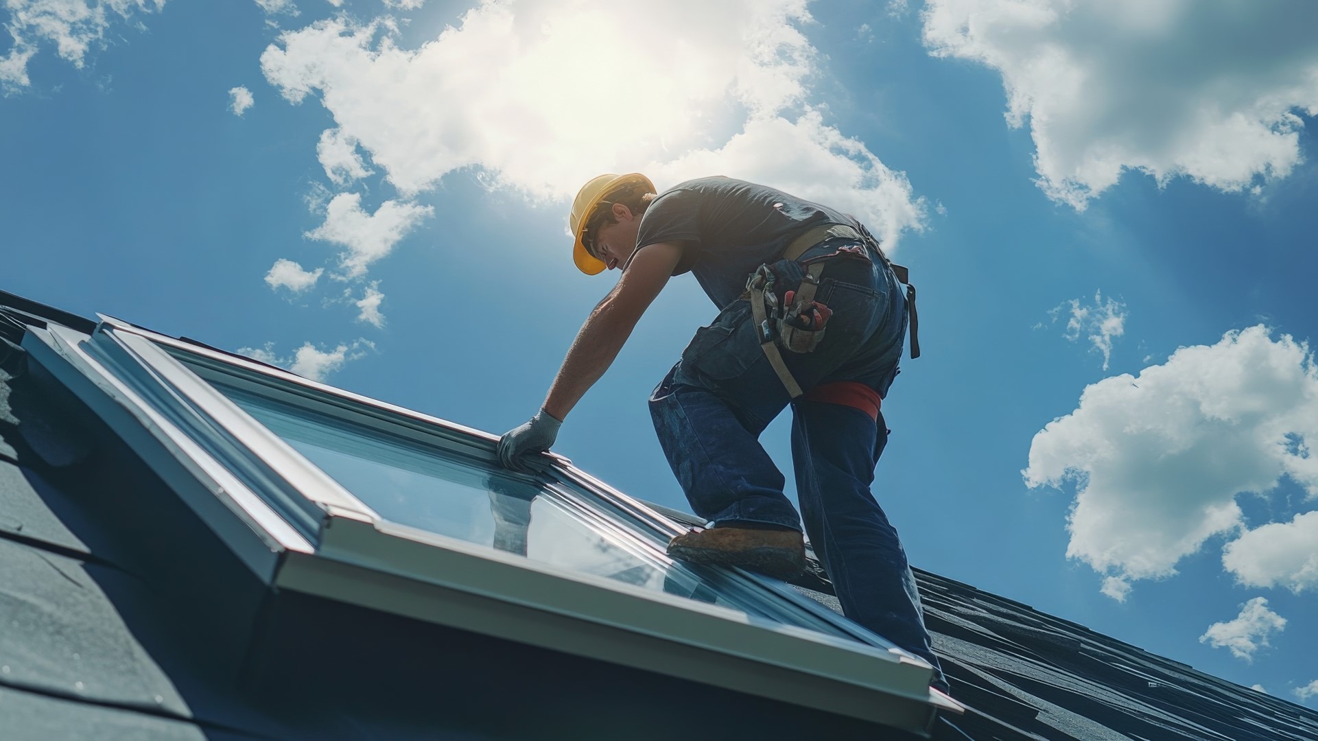 Man on roof fixing window