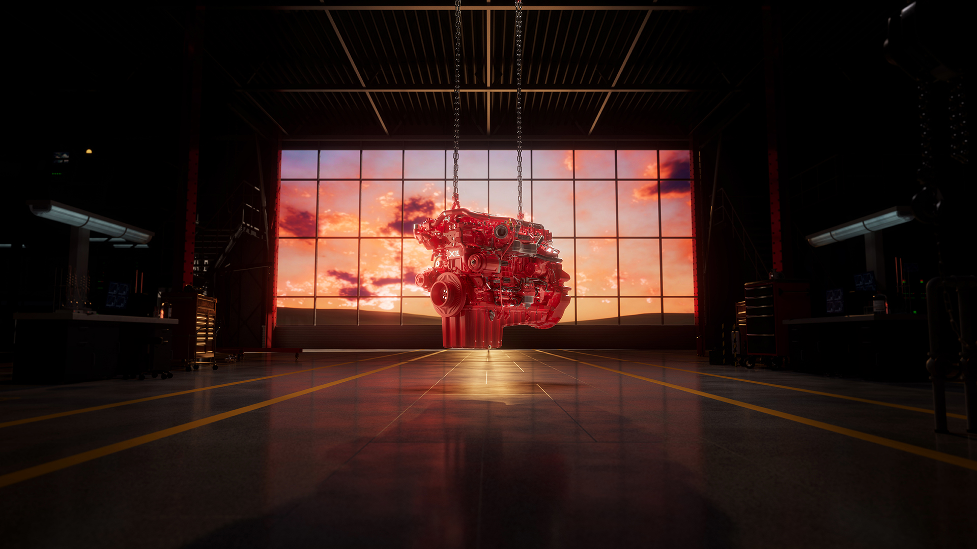 2027 x15 engine inside warehouse with dramatic sunrise behind
