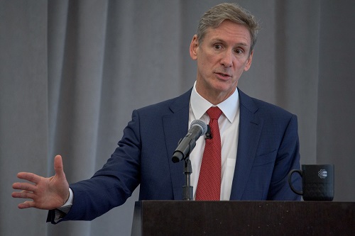 Cummins Chairman and CEO Tom Linebarger speaks at the Annual meeting in 2019, the last in-person meeting before the COVID-19 pandemic.