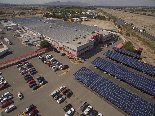 : The Cummins plant in Juarez, Mexico, added a solar array over part of its parking lot in 2018. 