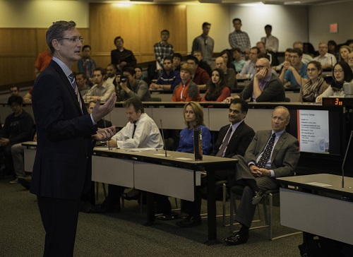 Cummins Chairman and CEO Tom Linebarger announces the company's 2020 environmental sustainability goals during a visit to Purdue University in 2014.