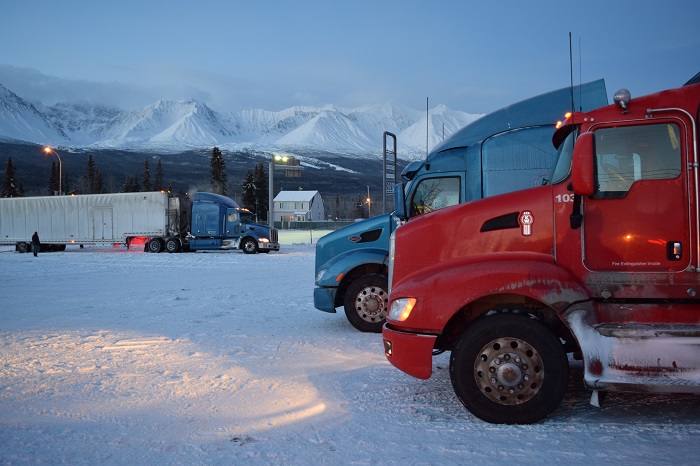 A validation team stops along the Alcan Highway near Haines Junction in the Canadian Yukon, where the record low temperature is 54 degrees below zero Fahrenheit. 