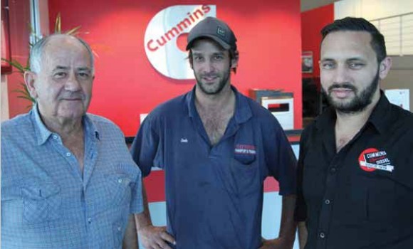 Neville Matthews (left) with son Josh and Cummins automotive business manager Brett Smith.