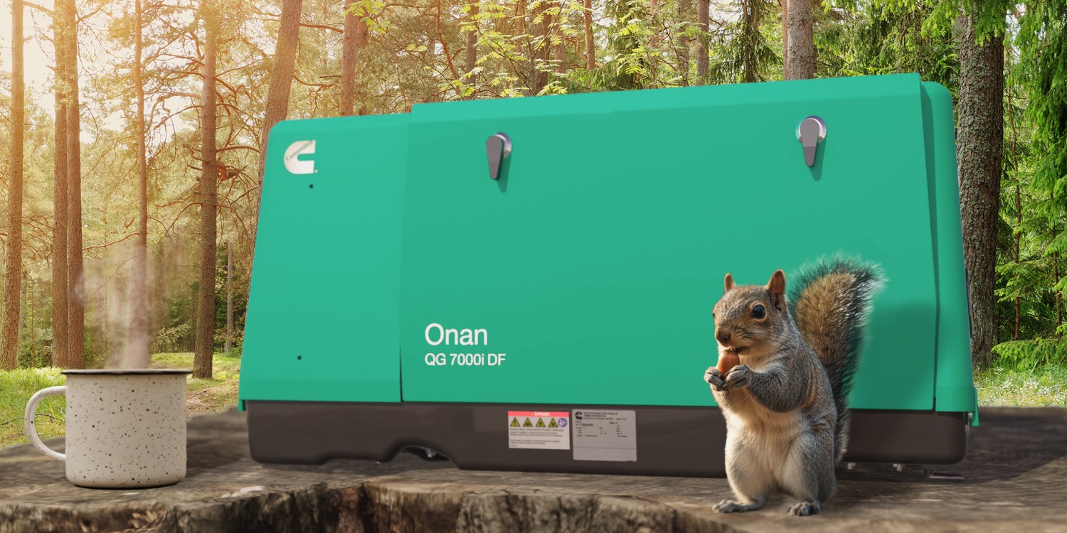 Squirrel sitting next to an Onan generator