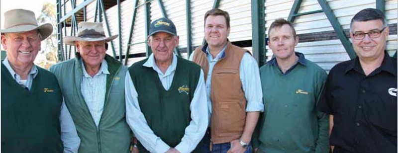 Ross Fraser (far left) with, from left to right, Peter Fraser, Les Fraser, Warwick Fraser, Peter Somerville (workshop manager) and Cummins account manager Nathan Usher