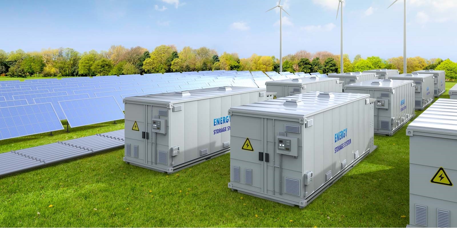 Battery energy storage systems outside next to solar pannels