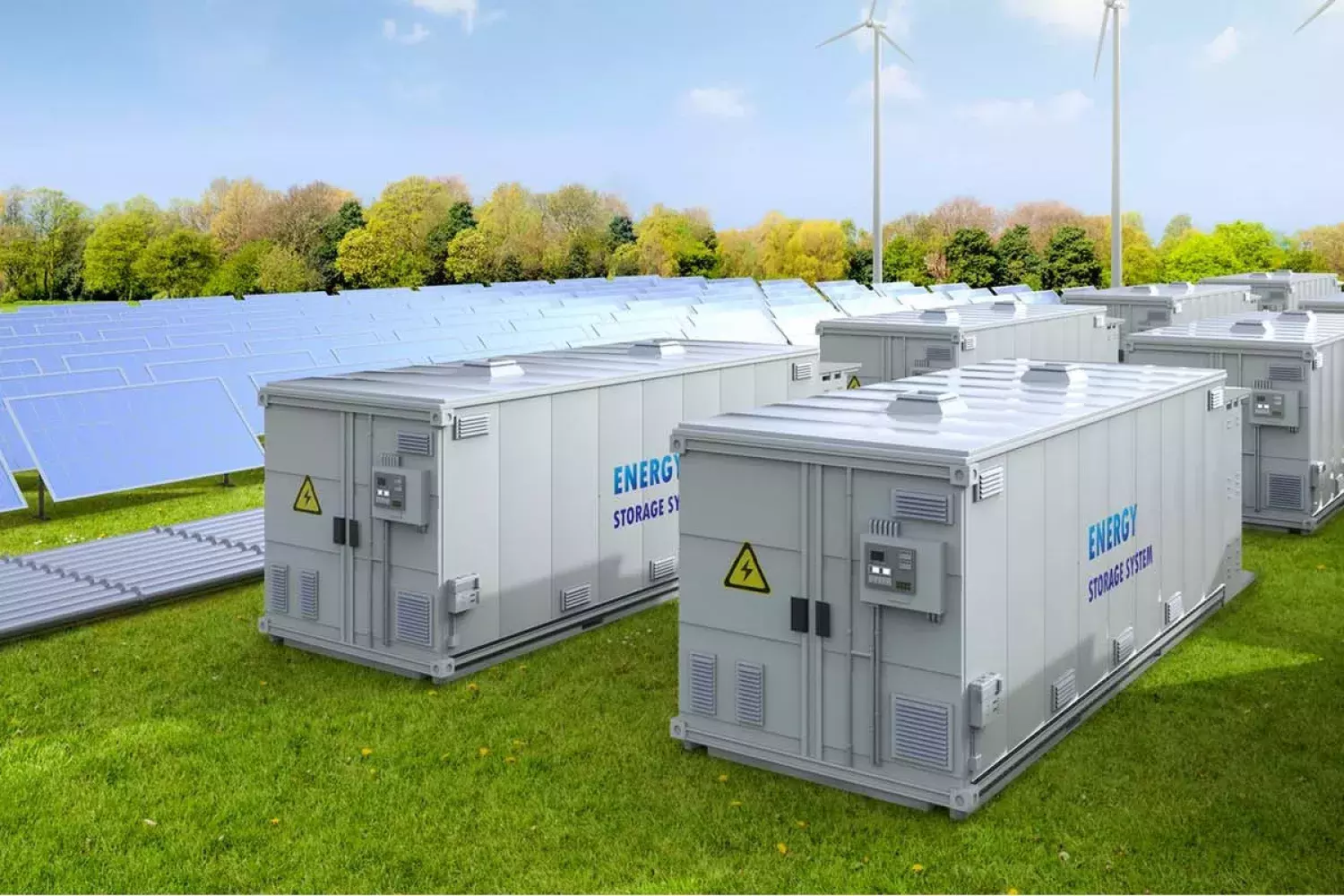 Battery energy storage systems outside next to solar pannels