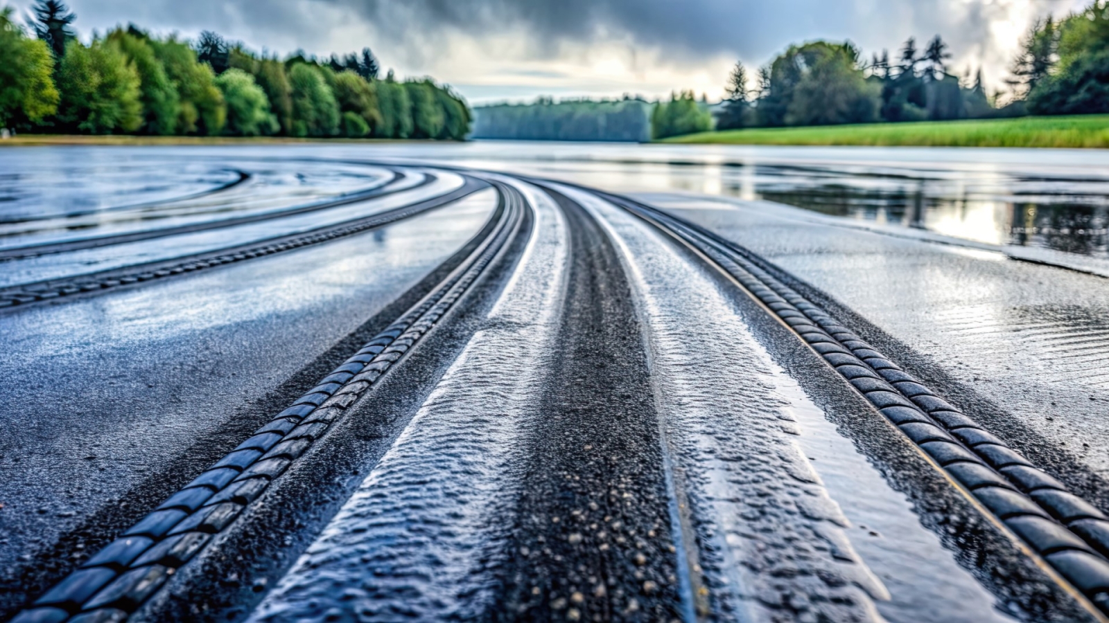 Tire tracks on freshly paved road