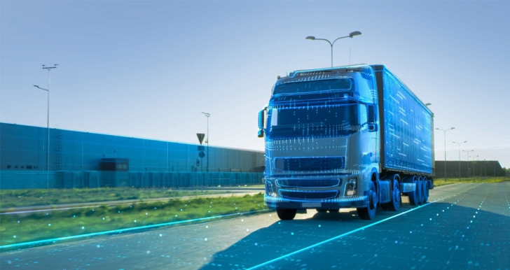 Semi truck driving on road