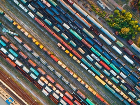 birds eye view of train yard