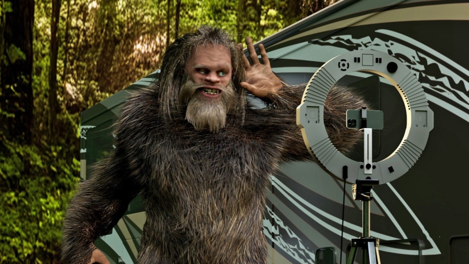bigfoot making social media content while camping with RV