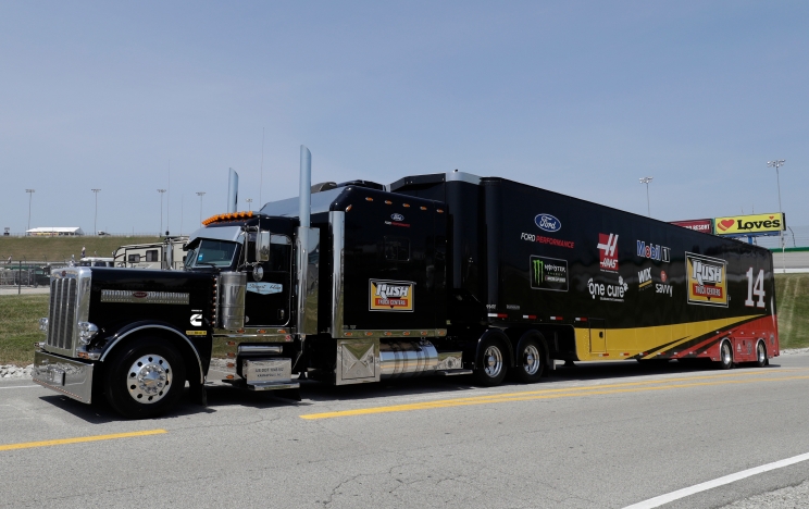 The hauler containing Clint Bowyer’s No. 14 Ford depends on a Cummins engine to get the NASCAR team to its next race.