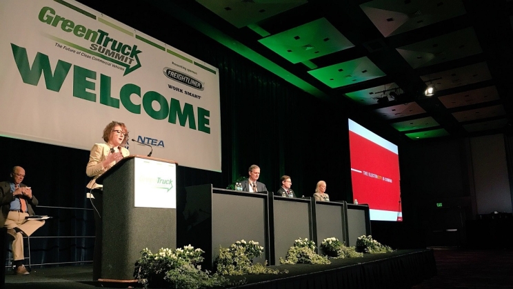 Executive Director of Electrified Power Julie Furber speaks at the Green Truck Summit in Indianapolis, Indiana (U.S.A.).