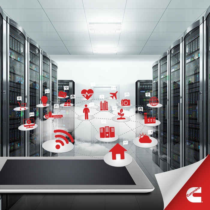 Data Center depiction with icons representing internet of things.