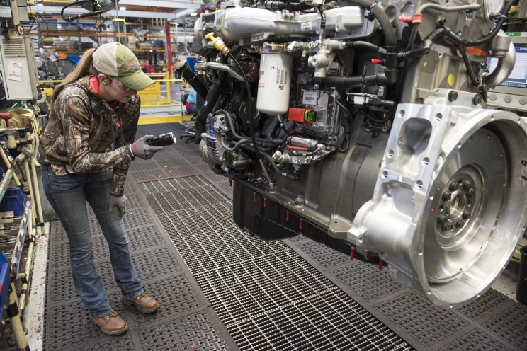 A Cummins employee inspects an engine at the company's Jamestown Engine Plant in Jamestown, New York (USA). The plant, which produces several engine models, is nearing the production of its 2 millionth engine.