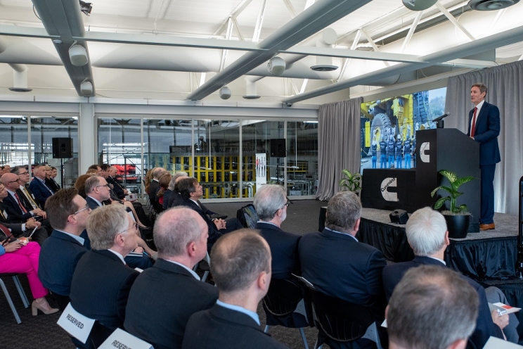 Cummins Chairman  and CEO Tom Linebarger speaks at the company’s annual meeting in May 2019, promoting action on the environment and Cummins Powers Women initiative to help address global inequities facing women and girls around the world.