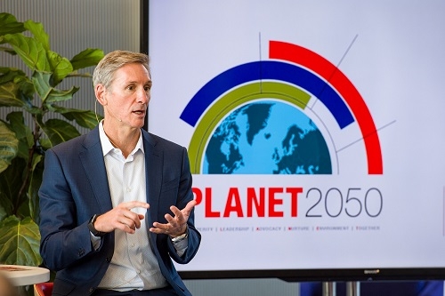 Cummins Chairman and CEO Tom Linebarger announces PLANET 2050, the company’s environmental sustainability strategy, at a forum last month. The strategy is consistent with the company's efforts to do good in the communities where it does business.