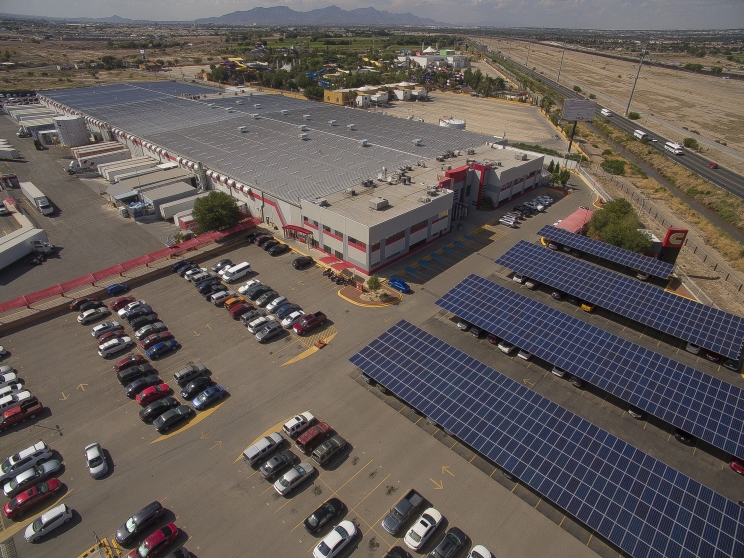 In 2018, the Cummins plant in Juarez, Mexico, received its first full year of renewable power from the solar array it installed over part of its parking lot. Encouraging the production of renewable energy is part of the company’s energy goal.