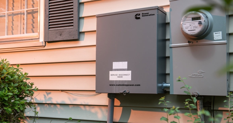 Cummins service disconnect box mounted on side of house