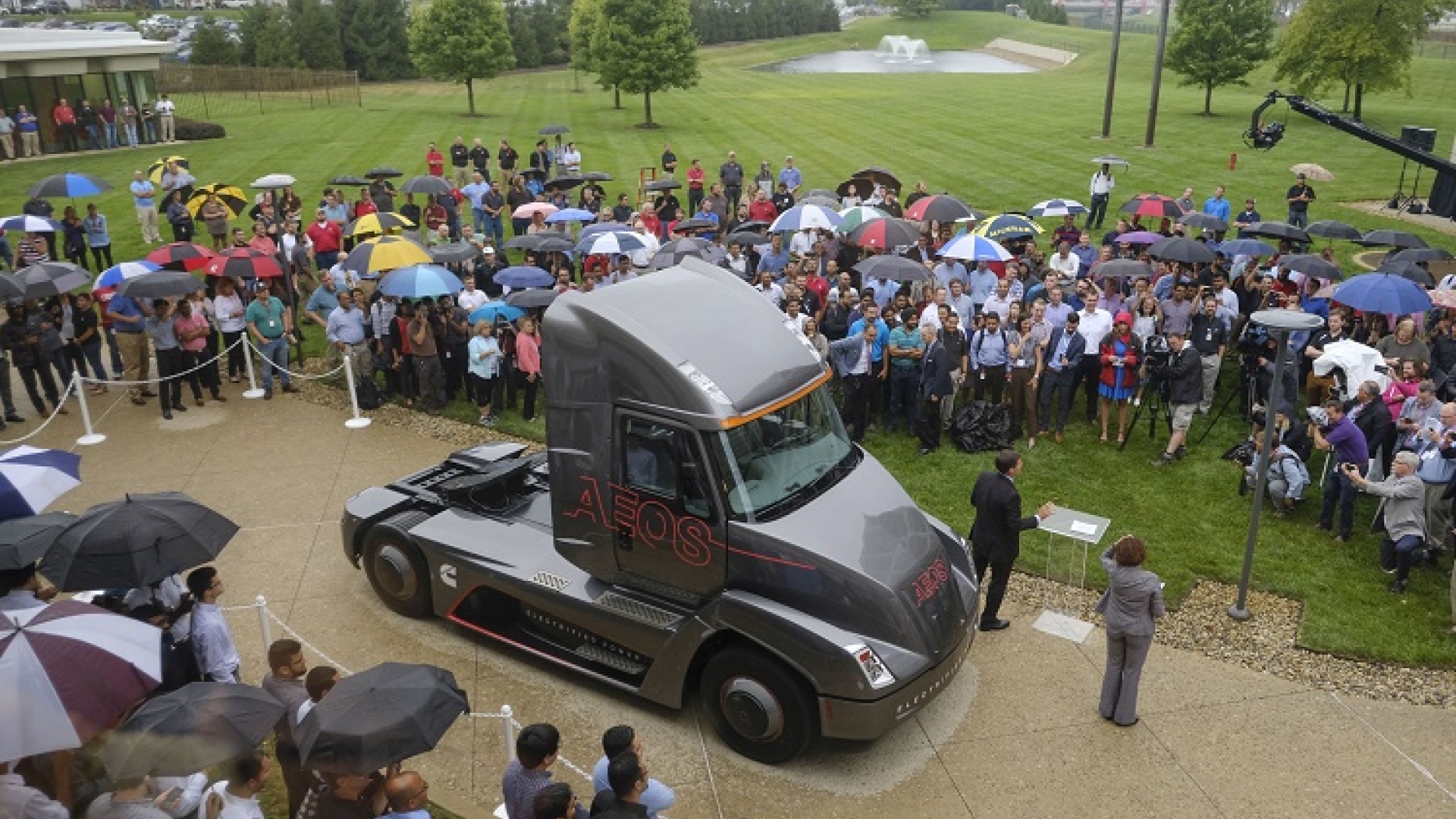 AEOS, Cummins' all electric concept truck, is unveiled to the public in 2017. It is helping Cummins study the use of electrification in larger trucks.