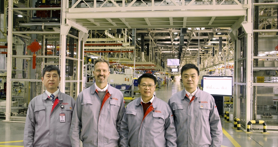 The Beijing Foton Cummins Engine Company is using technology to improve a host of issues from quality to customer satisfaction. The plant’s leadership, left to right, includes Zhao He, Manufacturing Engineering Leader; Miguel Kindler, Plant Manager; Chen Hua, General Manager; and Silence Chen, IT Leader.