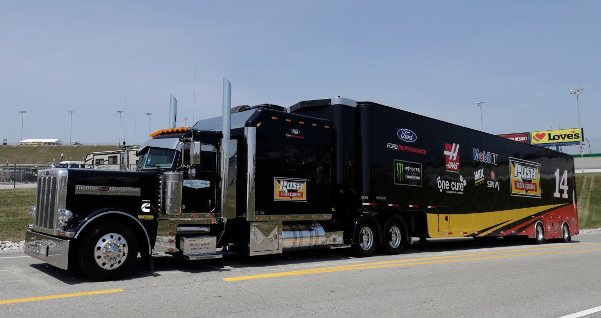 The hauler containing Clint Bowyer’s No. 14 Ford depends on a Cummins engine to get the NASCAR team to its next race.