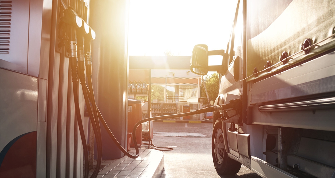 Semi truck getting fuel