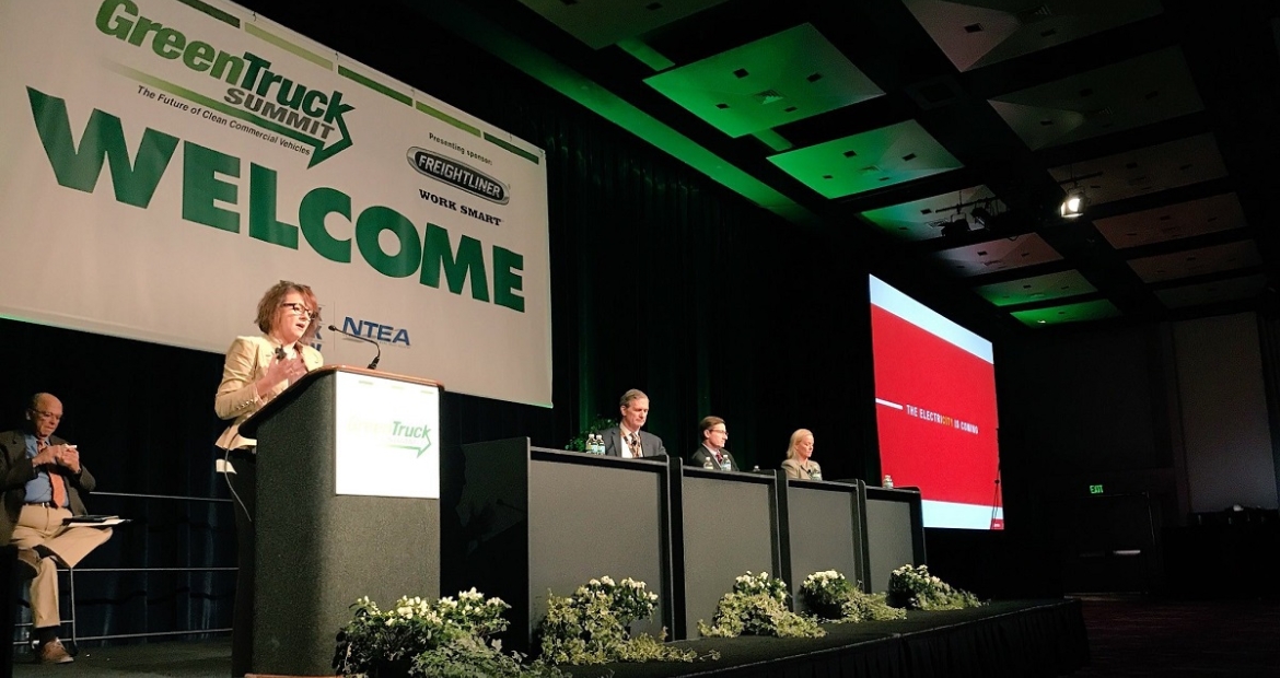 Executive Director of Electrified Power Julie Furber speaks at the Green Truck Summit in Indianapolis, Indiana (U.S.A.).