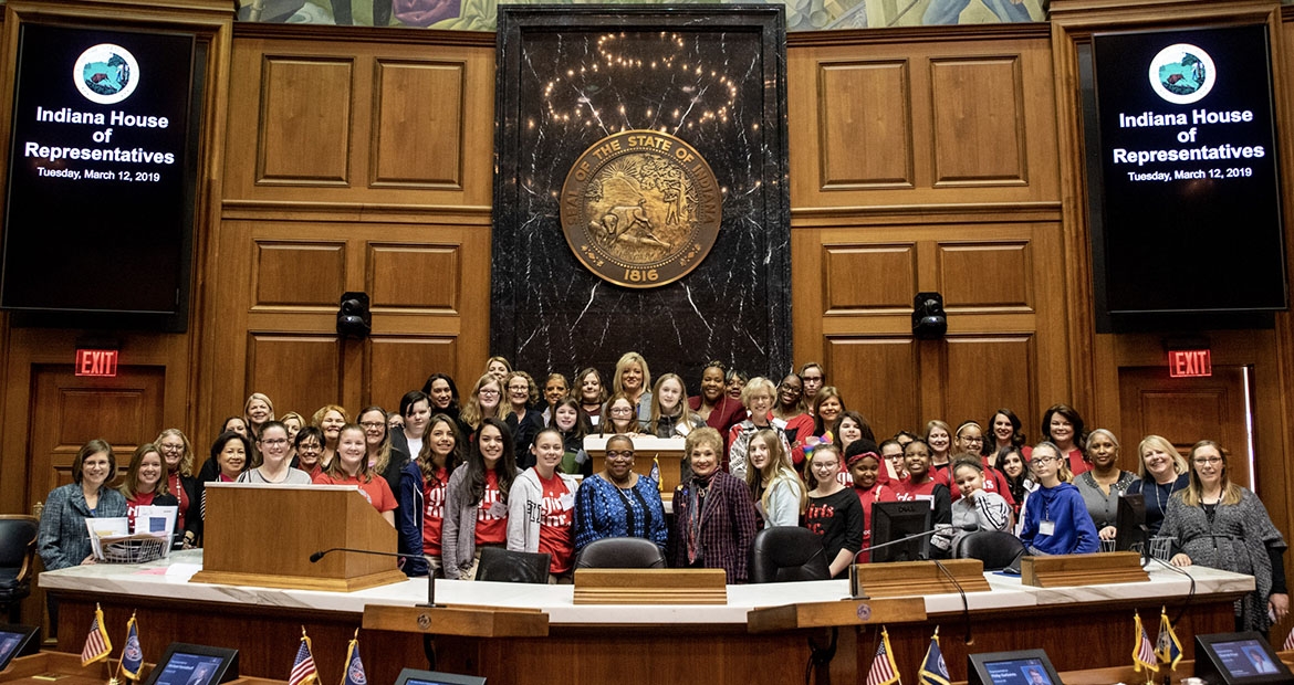 Girls Inc young women and Cummins leadership at the Indiana Statehouse