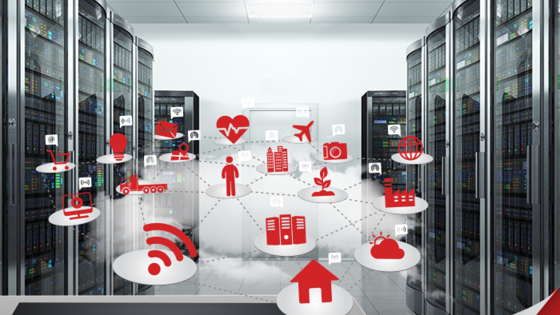 Data Center depiction with icons representing internet of things.