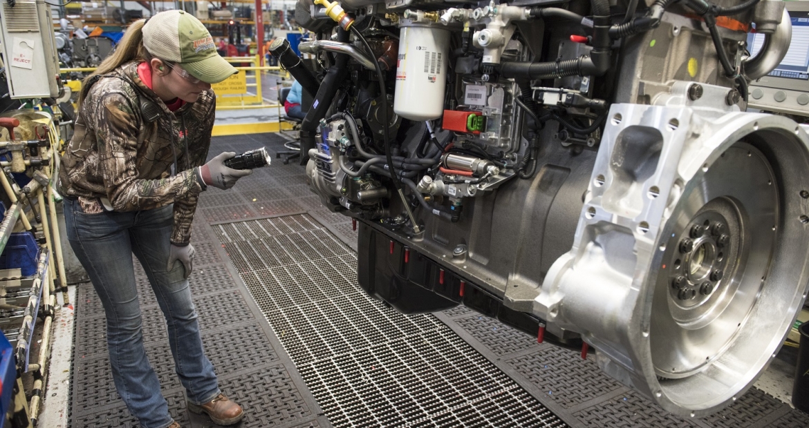 A Cummins employee inspects an engine at the company's Jamestown Engine Plant in Jamestown, New York (USA). The plant, which produces several engine models, is nearing the production of its 2 millionth engine.