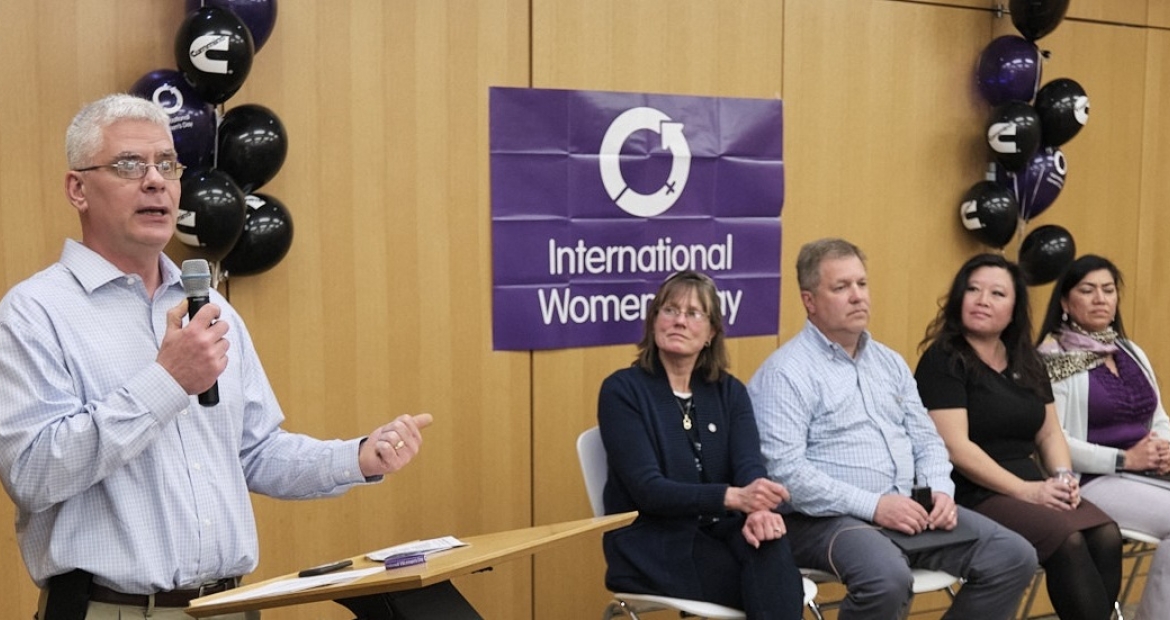 Chief Technical Officer Jim Fier speaks at an International Women's Day event in 2020, shortly before the pandemic fully hit the company.