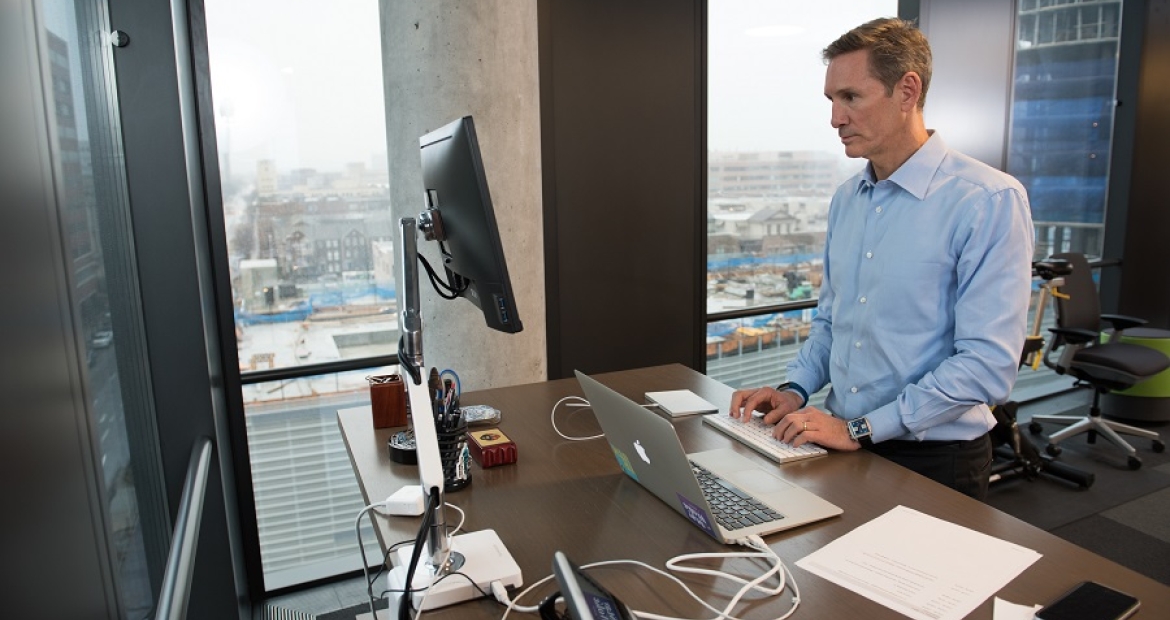 Chairman and CEO Tom Linebarger at his desk Indianapolis. Like many Cummins employees he's working remotely during the COVID-19 crisis.