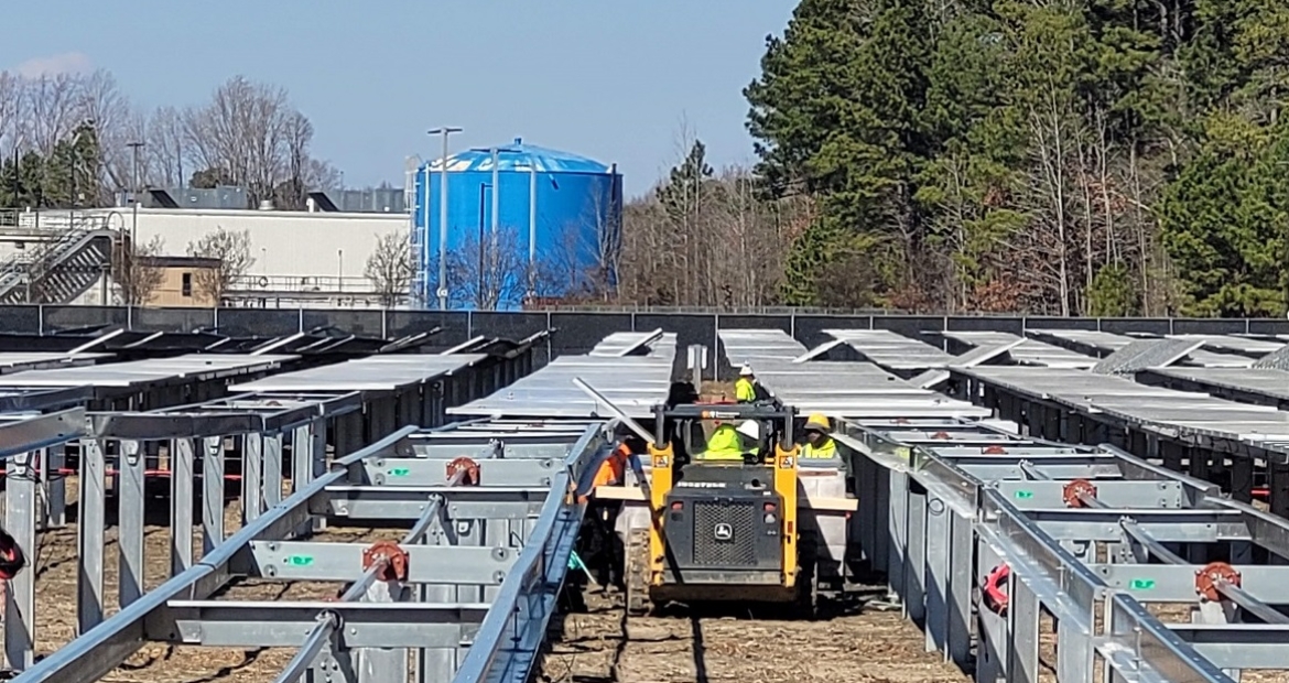 Crews install a solar array at Cummins' Rocky Mount Engine Plant in North Carolina.