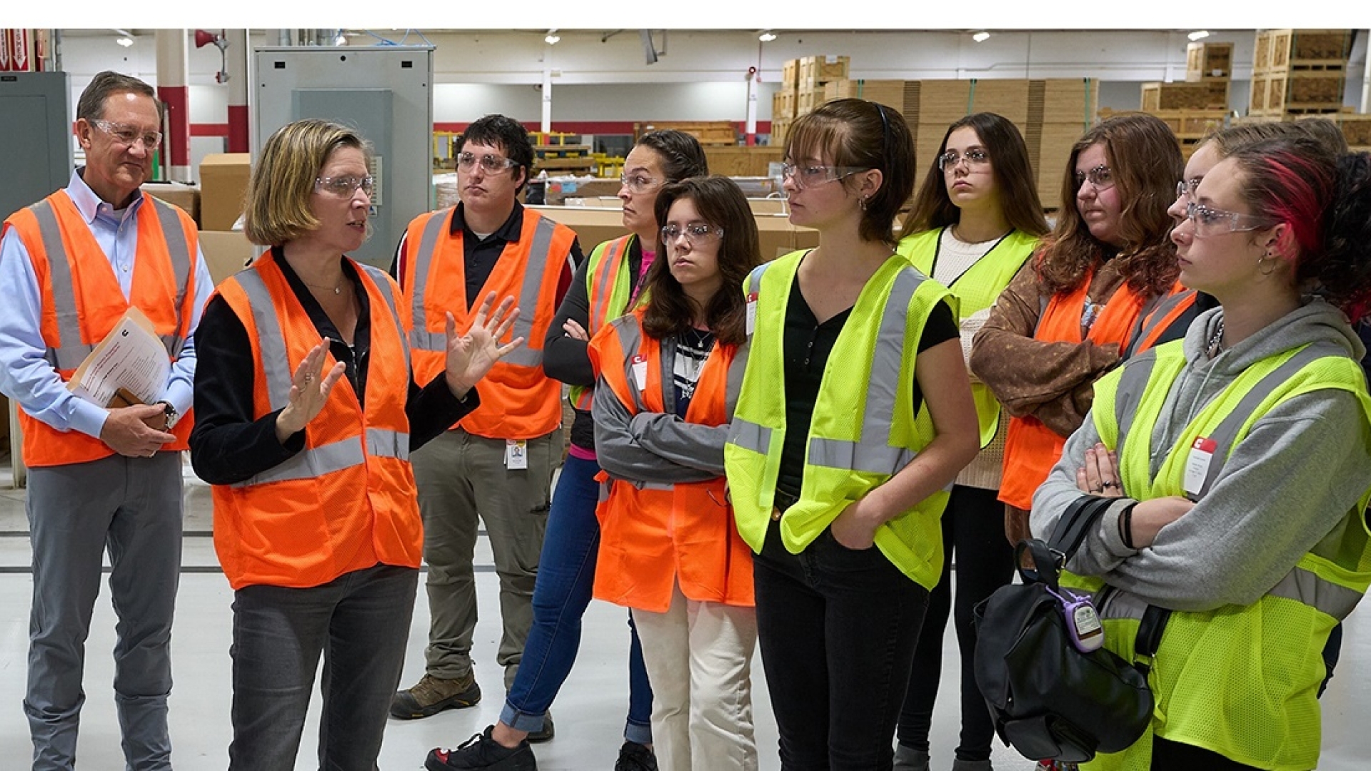 President and CEO Jennifer Rumsey tours the Columbus Engine Plant with students from Brown County High School.