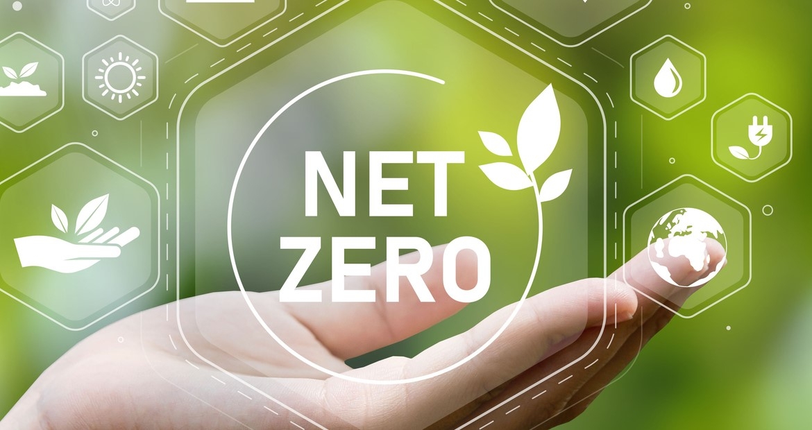 'net zero' in a bubble floating above a hand