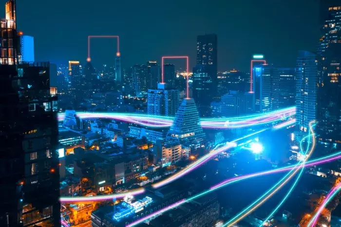 City with glowing lights connecting buildings