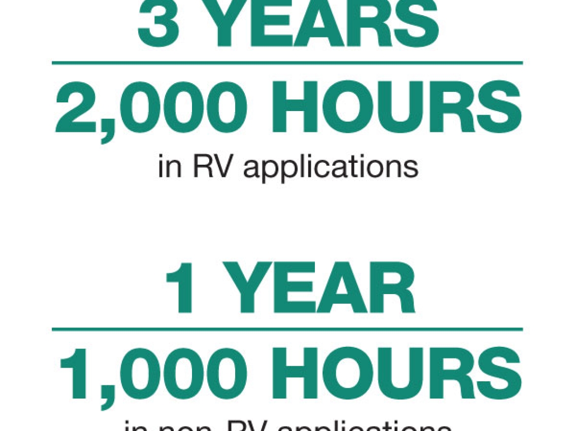 warranty infographic: 3 years, 2000 hours in RV applications, and 1 year, 1000 hours in non-RV applications