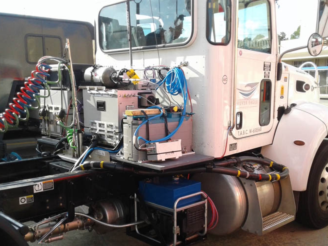 heavy-duty truck fitted with emissions testing equipment