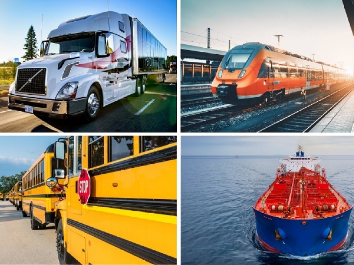 Collage of heavy-duty truck, train, school bus and boat Collage of heavy-duty truck, train, school bus and boat