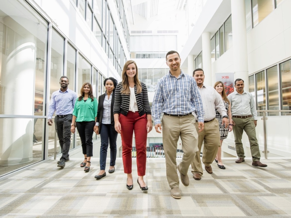 employees walking in office