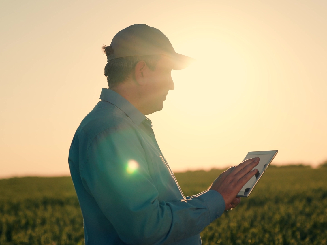 Man holding a tablet in a field, backlit by the sun