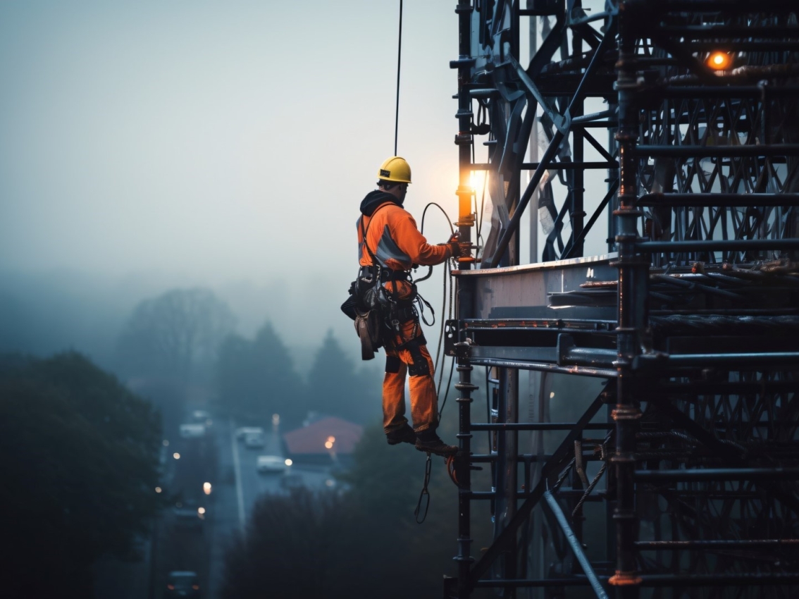 Worker on telecom tower doing a job
