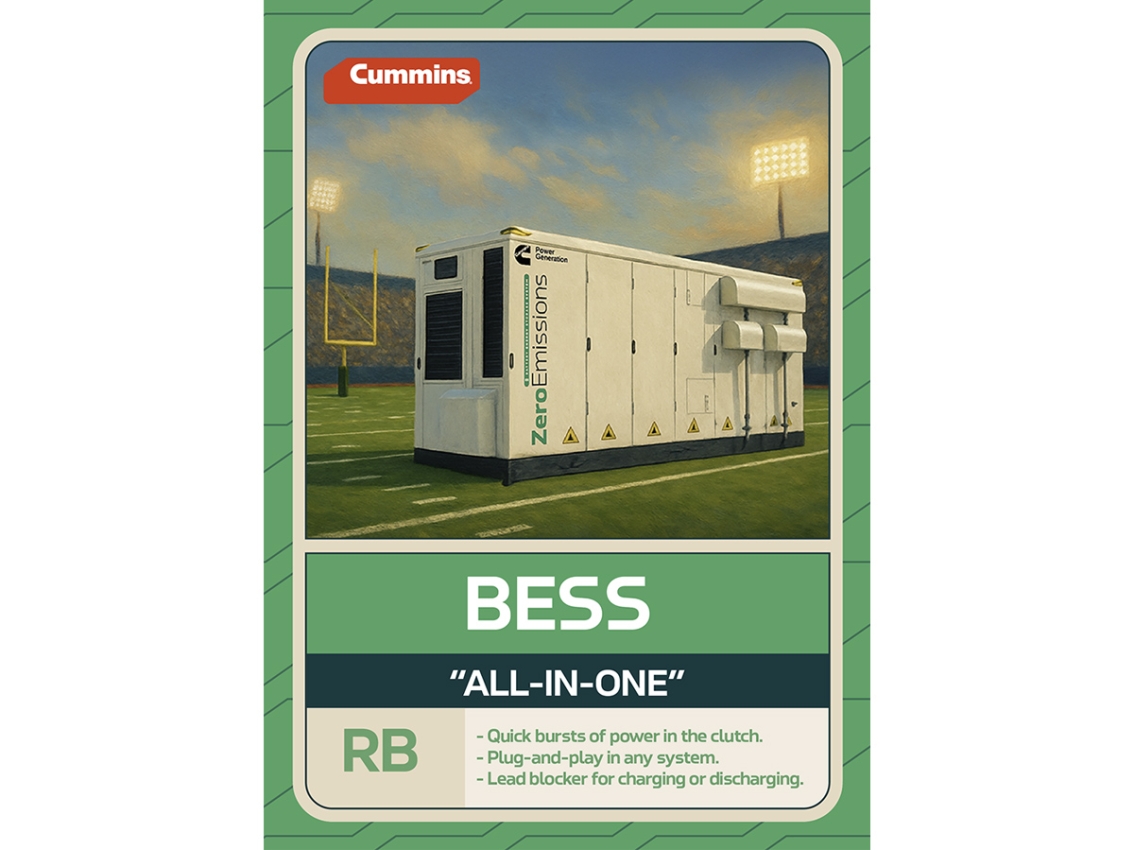 trading card with battery energy storage system container on football field