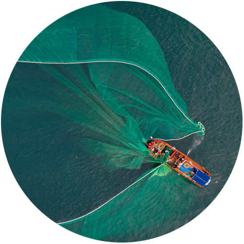 overhead image of fishing boat in action