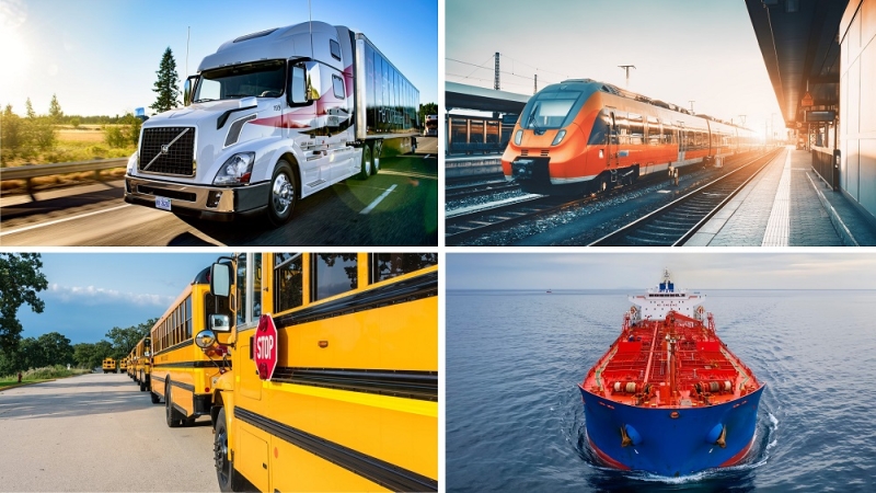 Collage of heavy-duty truck, train, school bus and boat