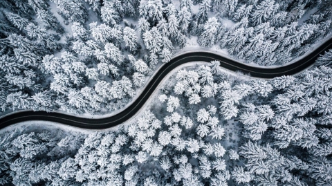road winding through snowy forest