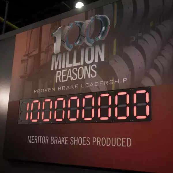 Display sign celebrating 100 Million Meritor brake shoes produced
