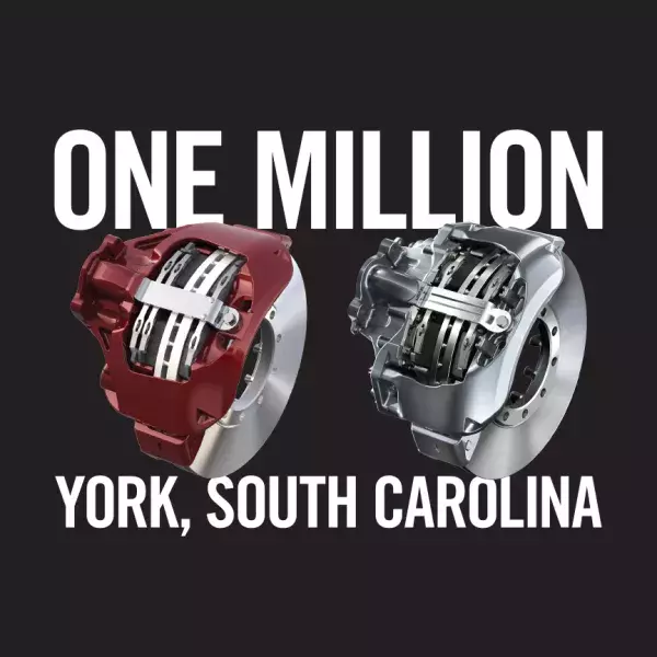 Promotional image reading "One million - York, South Carolina" in celebration of one million air disc brakes produced
